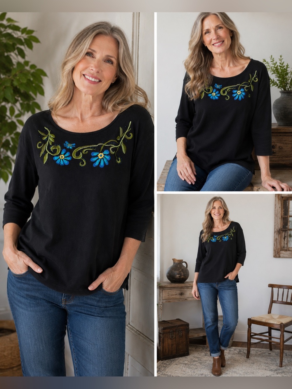 Vtg Peanut Butter & Jelly Black Embroidered Floral Top XL Boho Cottagecore Artst